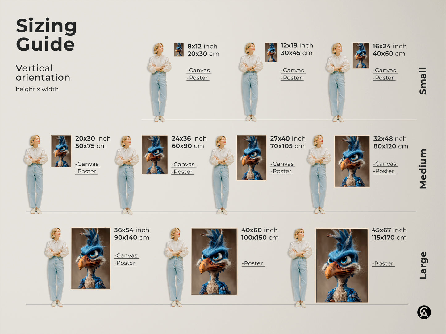 Sizing guide for cartoon bird art prints. Visualize different sizes including canvas and poster options. Find the perfect fit for your space and bring this whimsical artwork to life in your home.