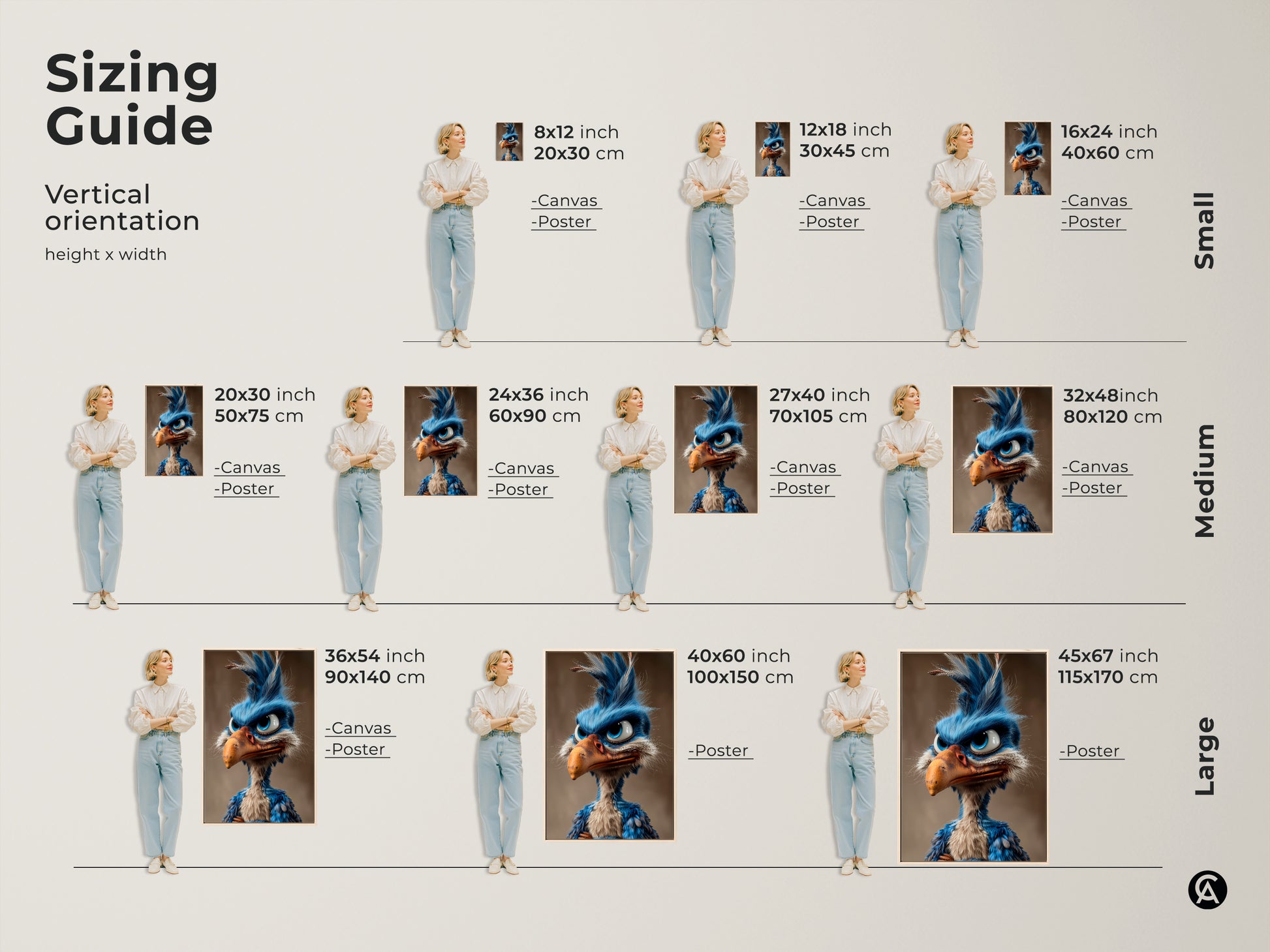 Sizing guide for cartoon bird art prints. Visualize different sizes including canvas and poster options. Find the perfect fit for your space and bring this whimsical artwork to life in your home.