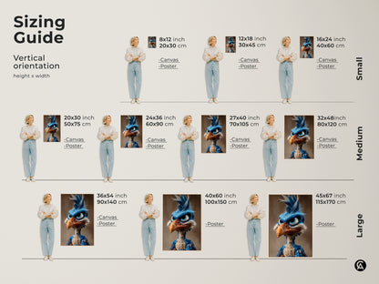 Sizing guide for cartoon bird art prints. Visualize different sizes including canvas and poster options. Find the perfect fit for your space and bring this whimsical artwork to life in your home.