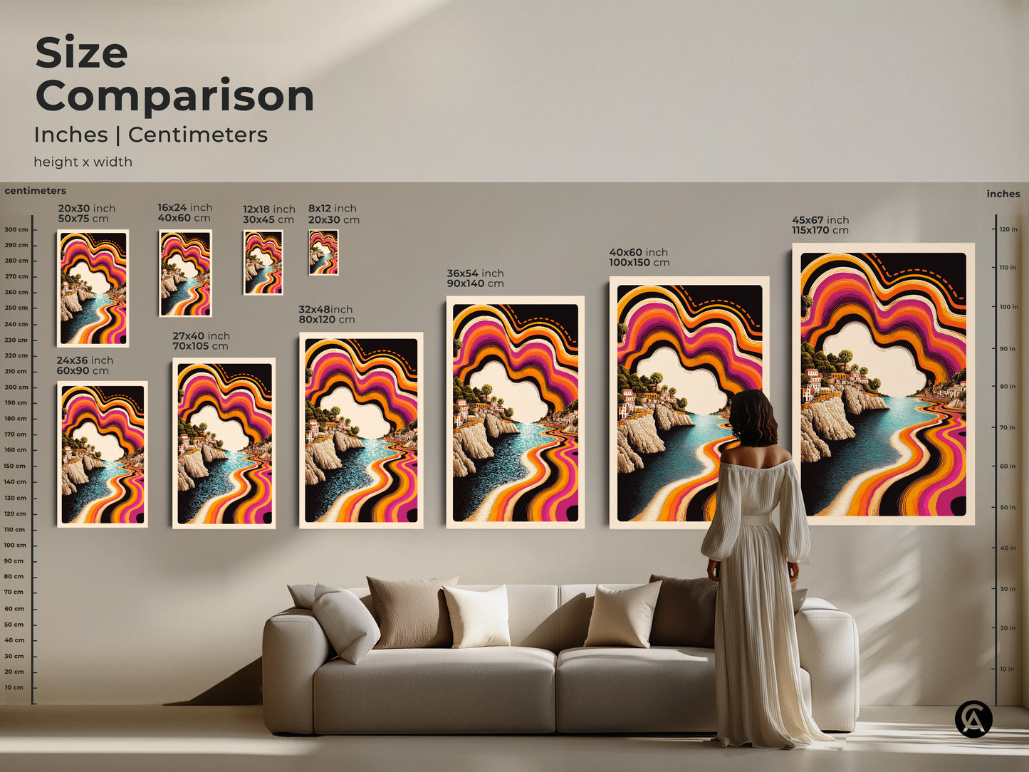 Size comparison featuring Purple Orange Abstract Waves Artwork a Retro Coastal Town Canvas Print. This Boho Landscape Wall Decor comes in various sizes for different spaces. Displayed over a couch it shows how it fits in a home.