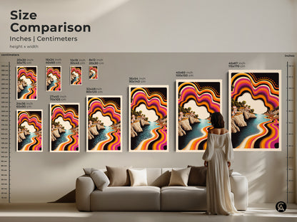 Size comparison featuring Purple Orange Abstract Waves Artwork a Retro Coastal Town Canvas Print. This Boho Landscape Wall Decor comes in various sizes for different spaces. Displayed over a couch it shows how it fits in a home.