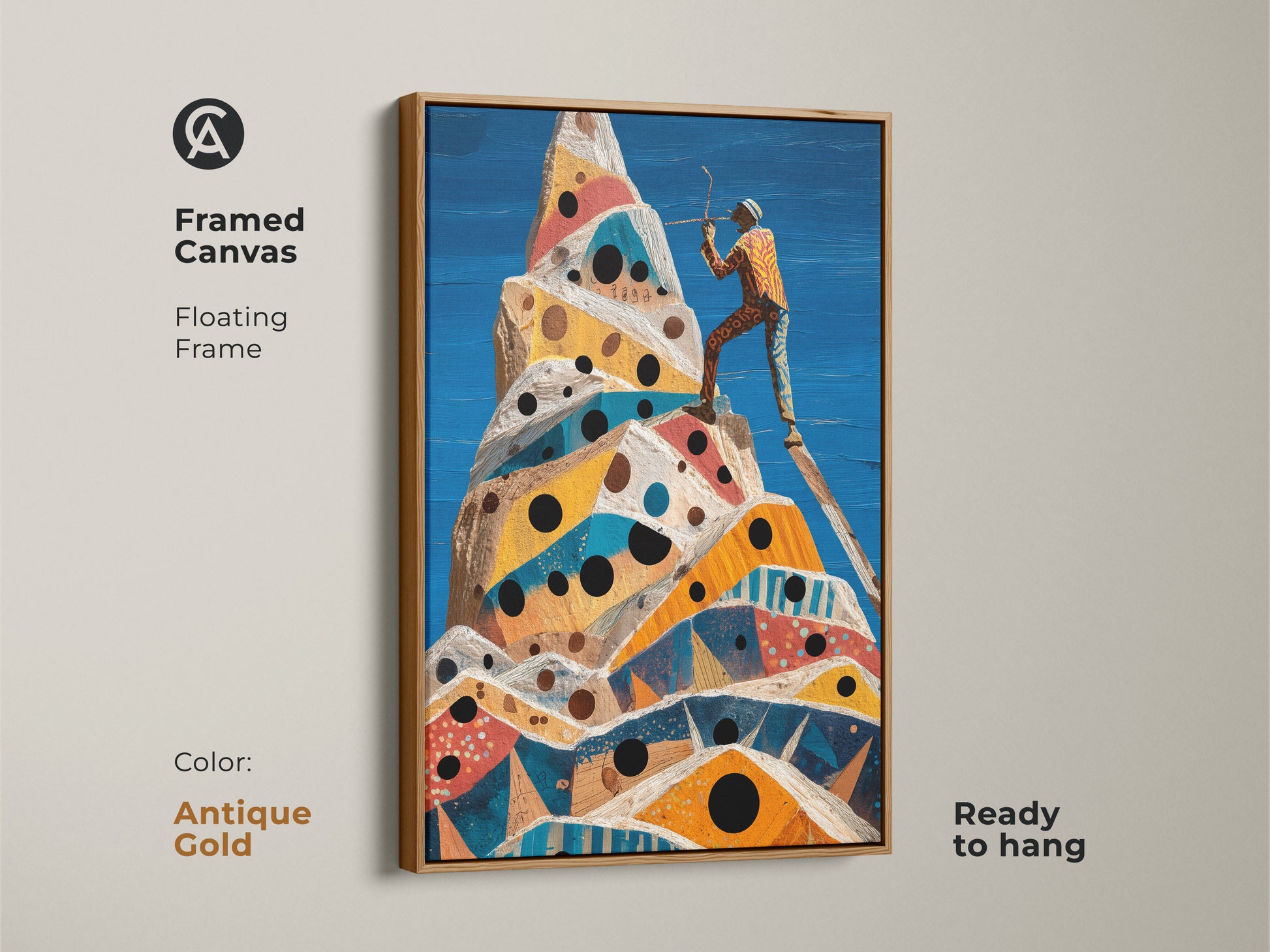 A framed canvas with a floating antique gold frame showcases surreal mountain climb art. The abstract geometric peak includes an adventurer. Ready to hang cobalt blue yellow orange artwork enlivens any space.