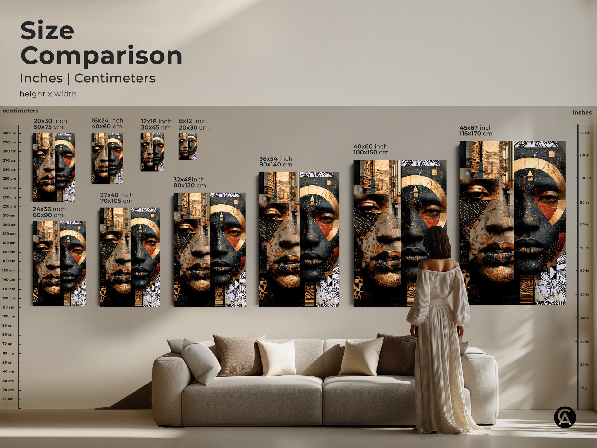 Size comparison of the abstract face artwork in inches and centimeters. Contemporary geometric art in gold and black tones. This eclectic home decor print is available in multiple sizes. See how it complements your living room decor. Visualize the perfect fit.