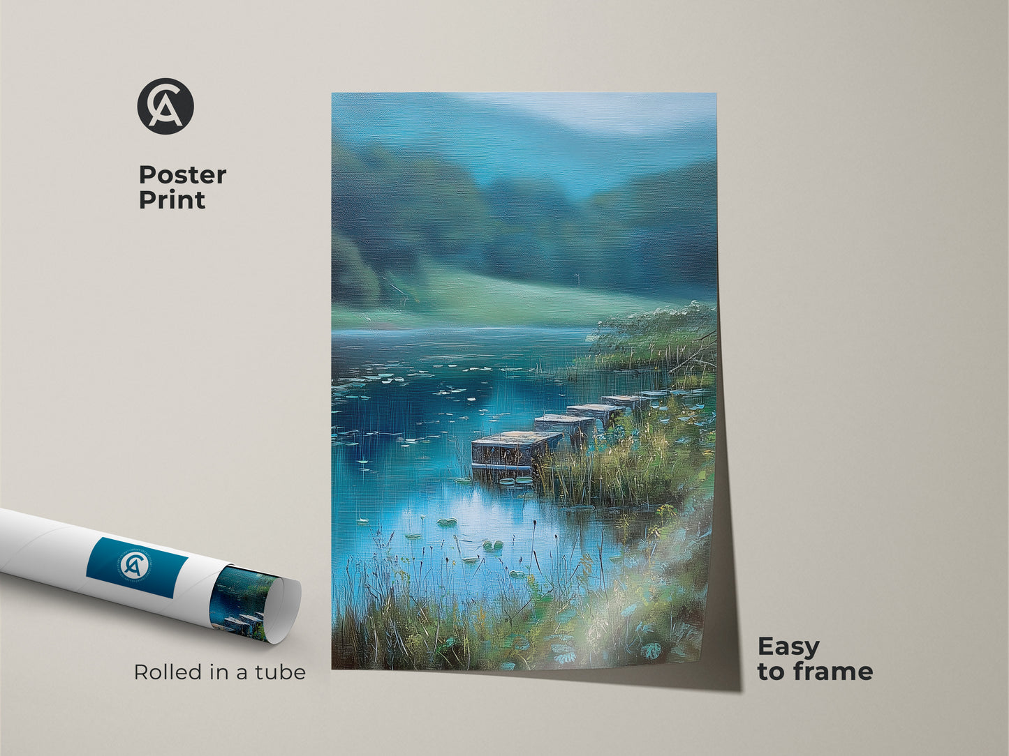 Poster print of teal blue green lake landscape artwork. Easy to frame nature wall art. Features a rustic dock scene. Ideal as a nature landscape artwork for bedroom decor. Rolled in a tube for protection. Perfect housewarming gift for nature lovers.