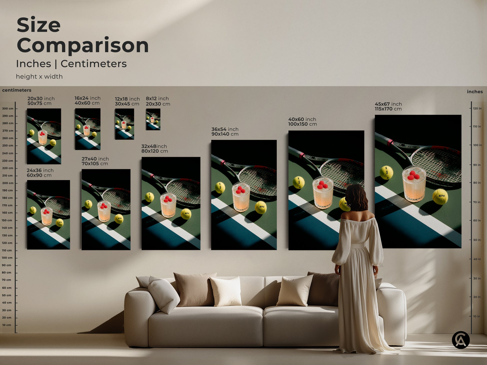 Size comparison of tennis court artwork in inches and centimeters. See how different sizes of canvas and poster prints fit in your space. Artwork includes a cocktail tennis balls and racket.