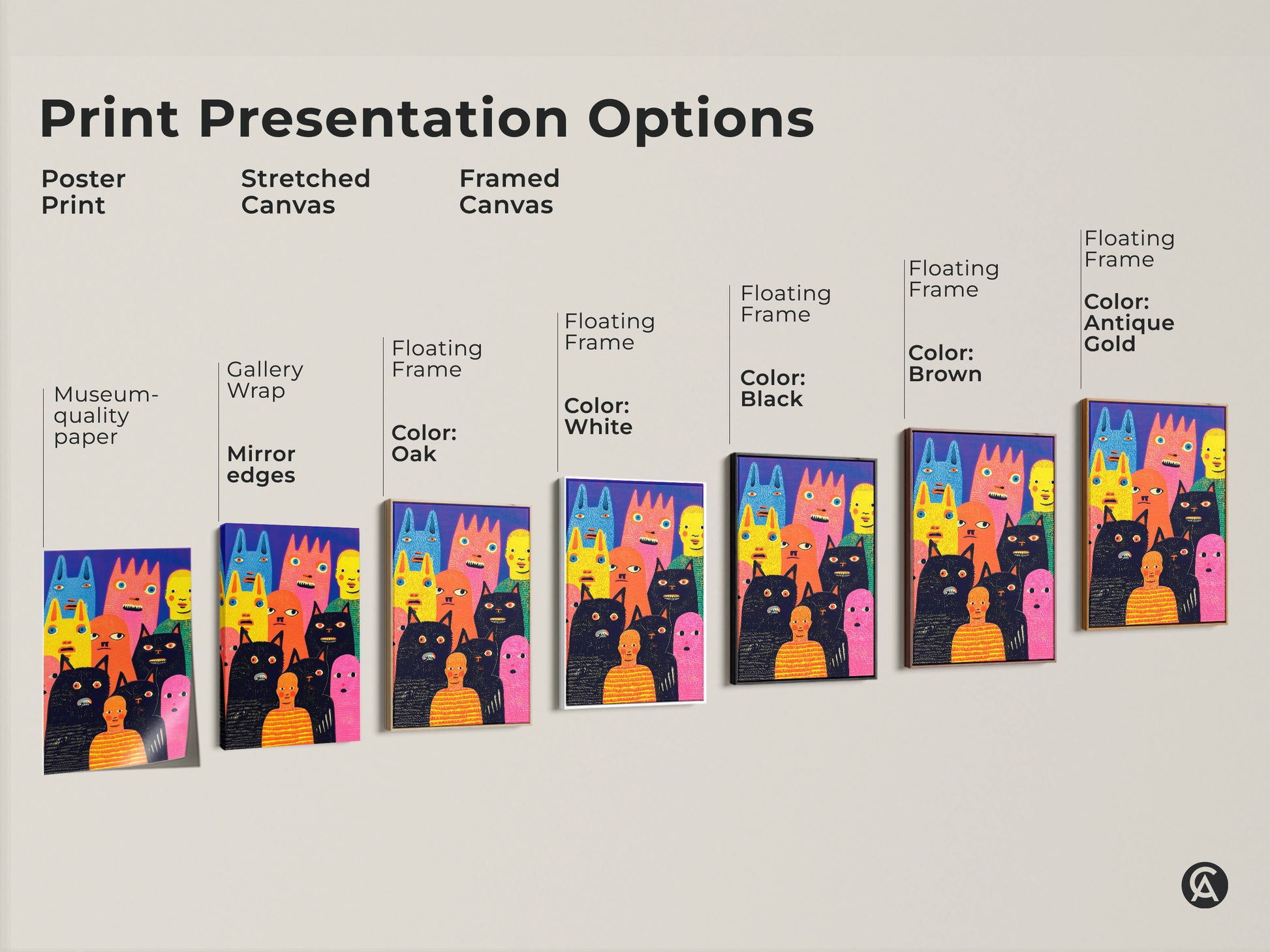 Explore print presentation options for whimsical character art. Choose from poster prints stretched canvas or framed canvas. Each option features museum-quality paper and vibrant colors. Find the perfect presentation for your unique style. Buy art today!