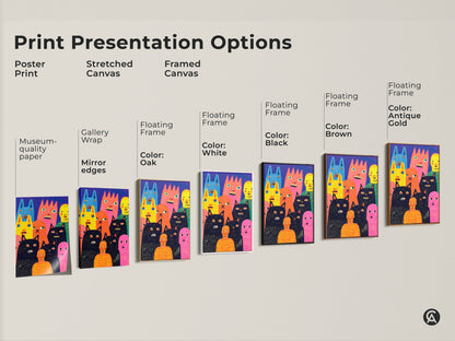 Explore print presentation options for whimsical character art. Choose from poster prints stretched canvas or framed canvas. Each option features museum-quality paper and vibrant colors. Find the perfect presentation for your unique style. Buy art today!