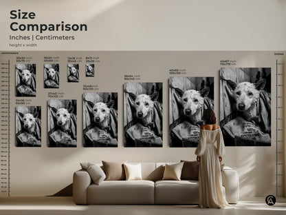 Size comparison for monochrome artwork featuring a wet dog. See how different sizes fit above a sofa. Choose the perfect canvas or poster for your space. Visualize the impact of each size with our guide. Find the ideal canine art piece to complement your decor. Transform your home.