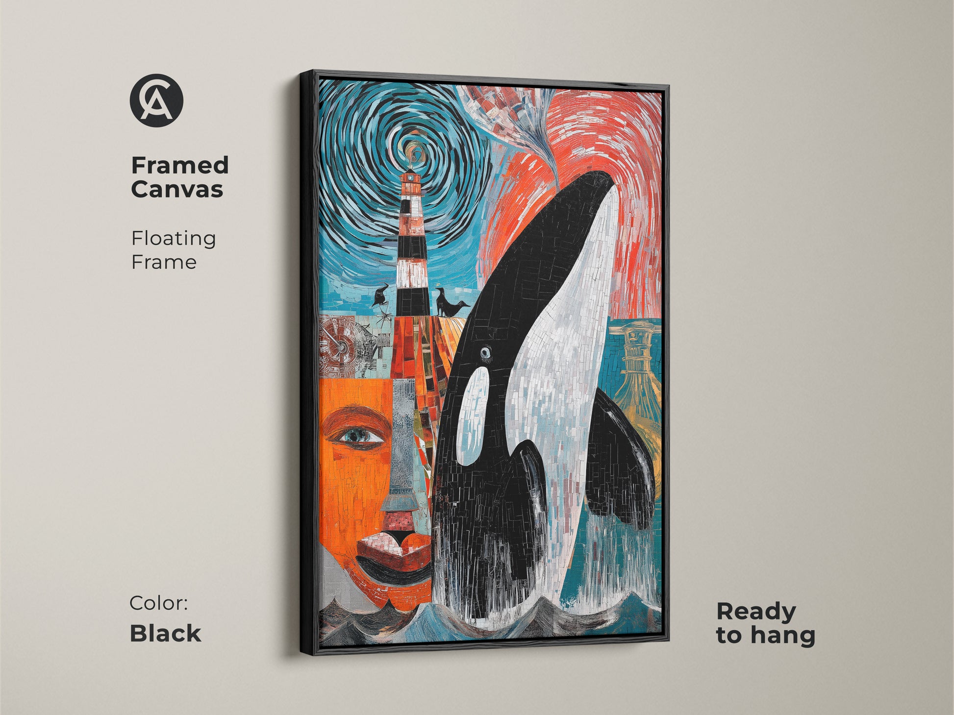 Framed Canvas featuring abstract Orca whale artwork & a mosaic lighthouse. The ocean-themed print is perfect for eclectic home decor or unique office wall decor. The black floating frame is ready to hang. The teal orange and black artwork is a statement piece.