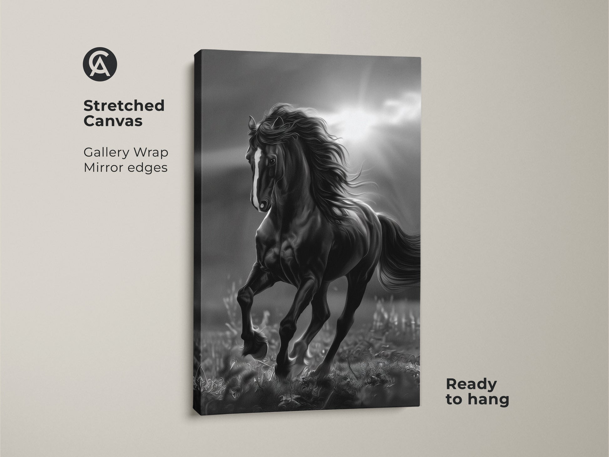 Stretched canvas black and white horse art. The horse is running in a field with sun rays in the background. The canvas has mirrored edges and is ready to hang. Gallery wrapped horse art.