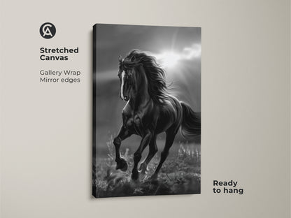 Stretched canvas black and white horse art. The horse is running in a field with sun rays in the background. The canvas has mirrored edges and is ready to hang. Gallery wrapped horse art.