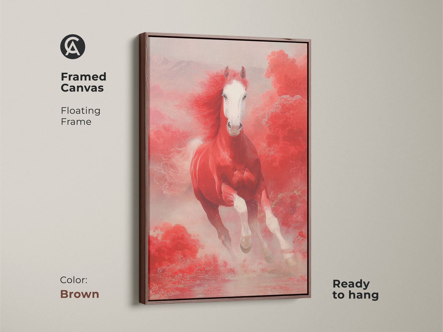 Framed canvas with a brown floating frame of a red horse running. This fantasy horse wall art features pink clouds. It's an asian style horse art piece that's ready to hang. The horse lover gift wall decor is powerful and vibrant.