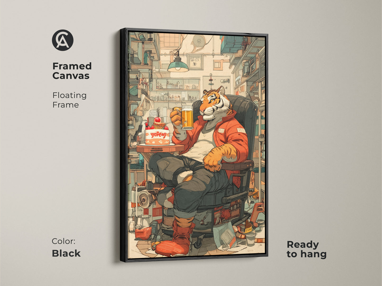 Black framed canvas featuring a tiger enjoying beer and cake. This floating frame artwork is ready to hang. The illustration brings personality to any space. It's a perfect office workstation art piece.