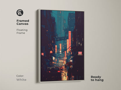 A white framed canvas art print of a cyberpunk cityscape. Featuring teal and orange neon lights. This digital artwork brings a futuristic vibe to any room. Perfect for modern home or office wall decor. Ready to hang and anime-inspired.