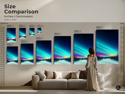 Size comparison of aurora borealis canvas art showing various sizes. From 20x30 cm to 45x67 inch. Snowy mountain landscape art is displayed above a sofa. Celestial nature wall art for residential spaces.