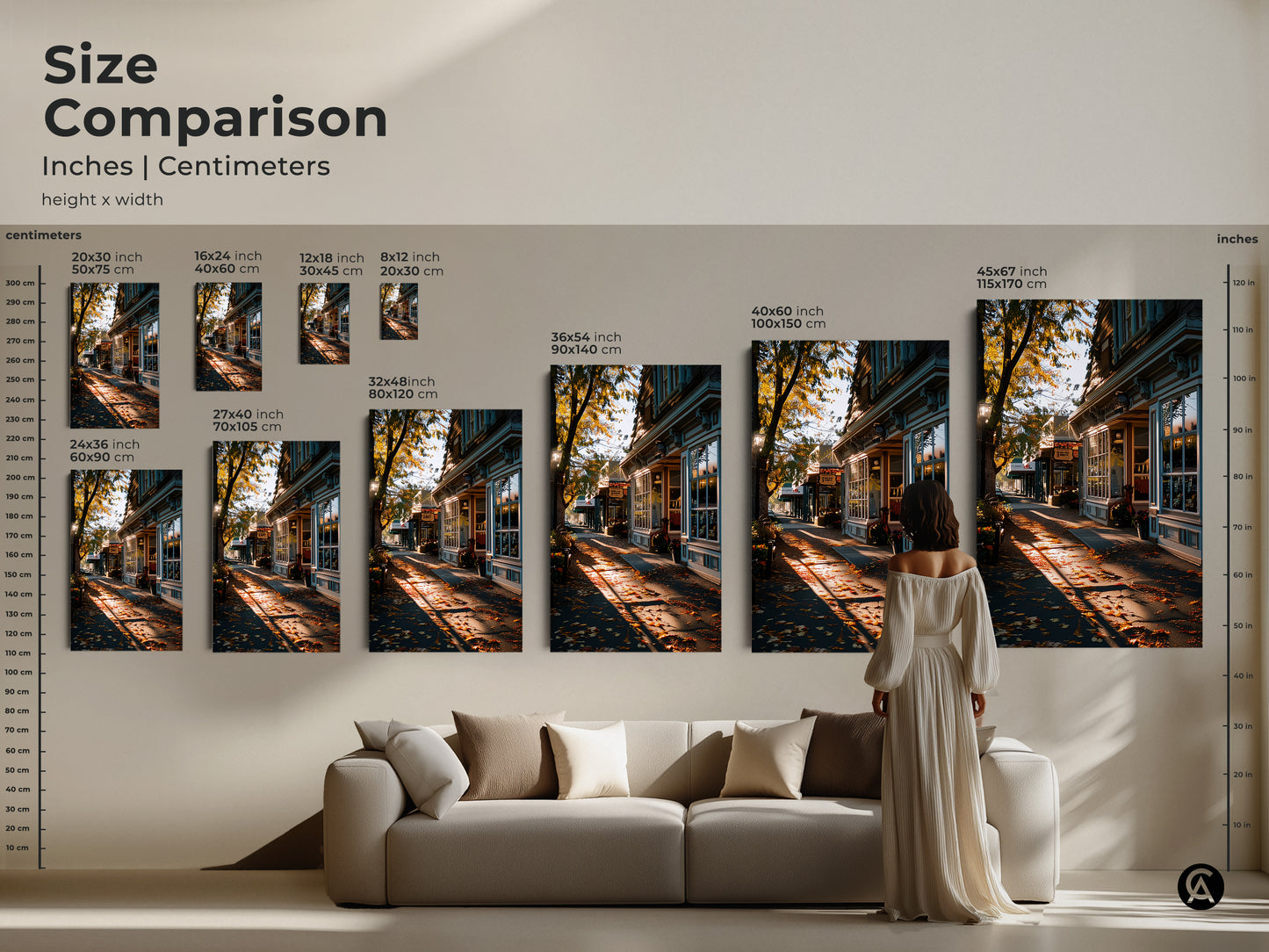 Size comparison of autumn street scene canvas prints. See how different sizes fit above a sofa. Options range from small to large. Visualize the artwork in your home. Perfect for adding cozy autumnal charm. Choose the right size for your space.