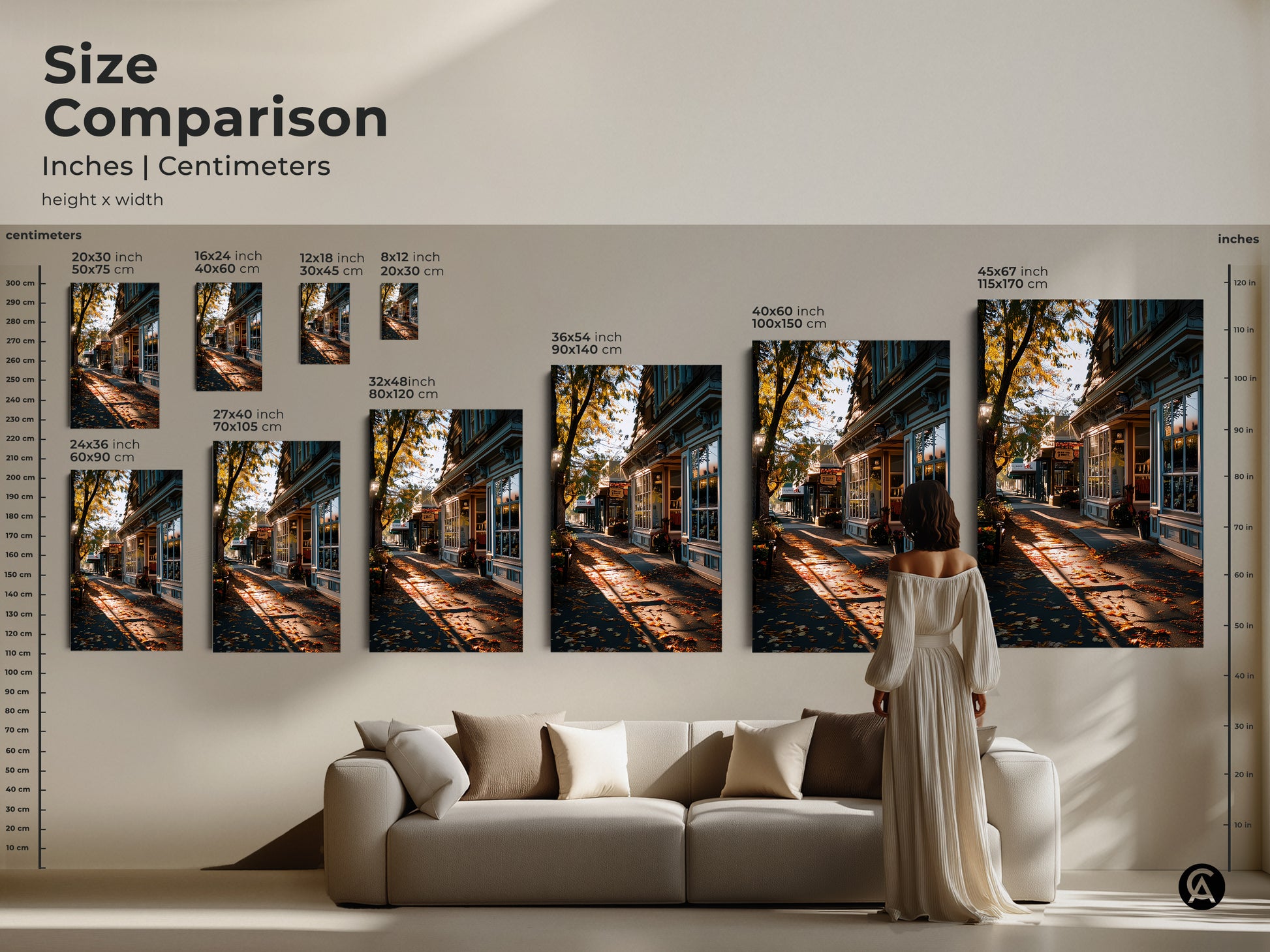 Size comparison of autumn street scene canvas prints. See how different sizes fit above a sofa. Options range from small to large. Visualize the artwork in your home. Perfect for adding cozy autumnal charm. Choose the right size for your space.