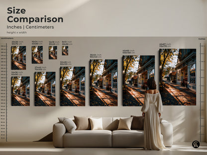 Size comparison of autumn street scene canvas prints. See how different sizes fit above a sofa. Options range from small to large. Visualize the artwork in your home. Perfect for adding cozy autumnal charm. Choose the right size for your space.