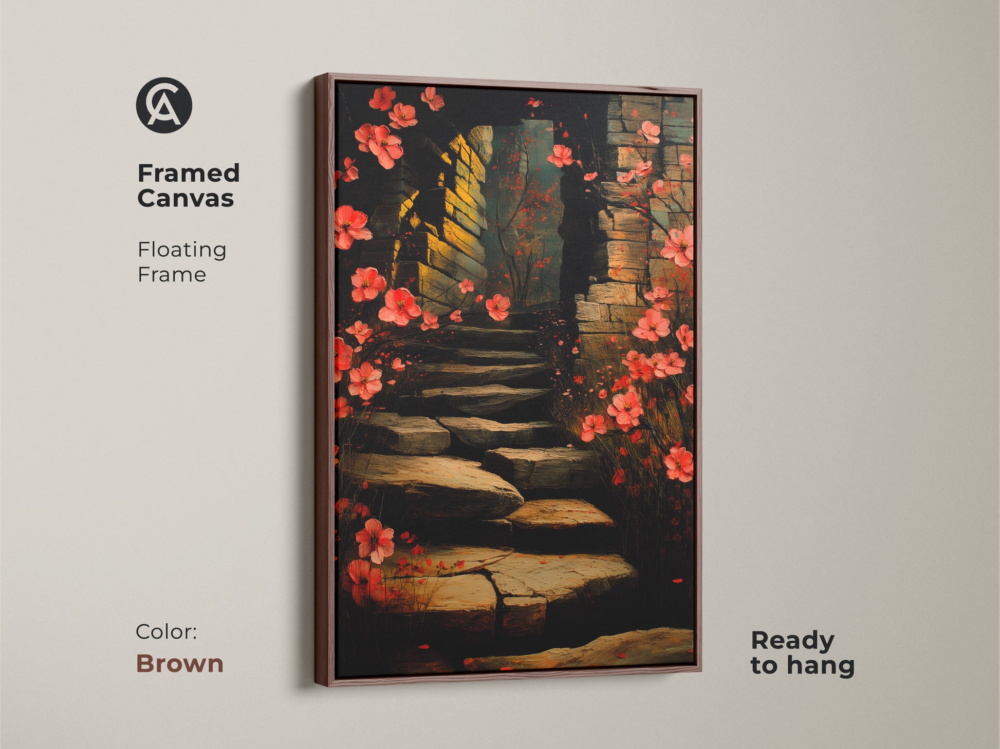 Framed canvas featuring a floral stairway artwork. This botanical archway art print showcases red and pink blossoms. It comes ready to hang with a floating frame in brown. A romantic boho accent for any room. The nature inspired artwork adds a touch of enchantment.