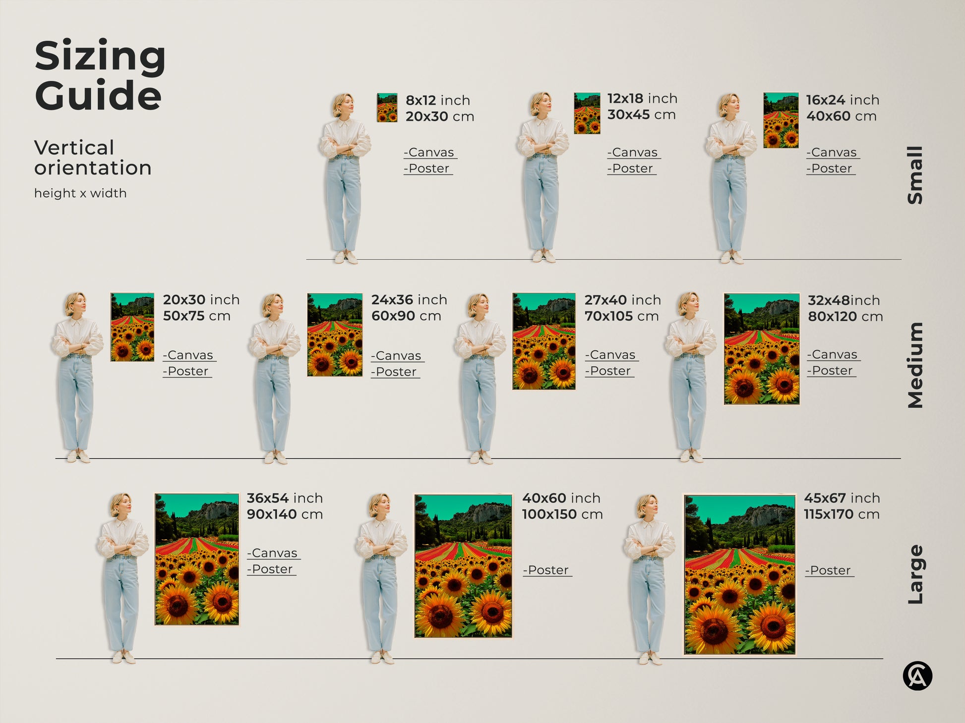 Sizing guide for vertical sunflower field artwork. Available in small medium and large sizes. Canvas and poster options shown with various dimensions in inches and centimeters.
