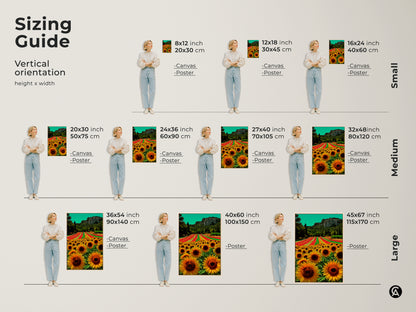 Sizing guide for vertical sunflower field artwork. Available in small medium and large sizes. Canvas and poster options shown with various dimensions in inches and centimeters.