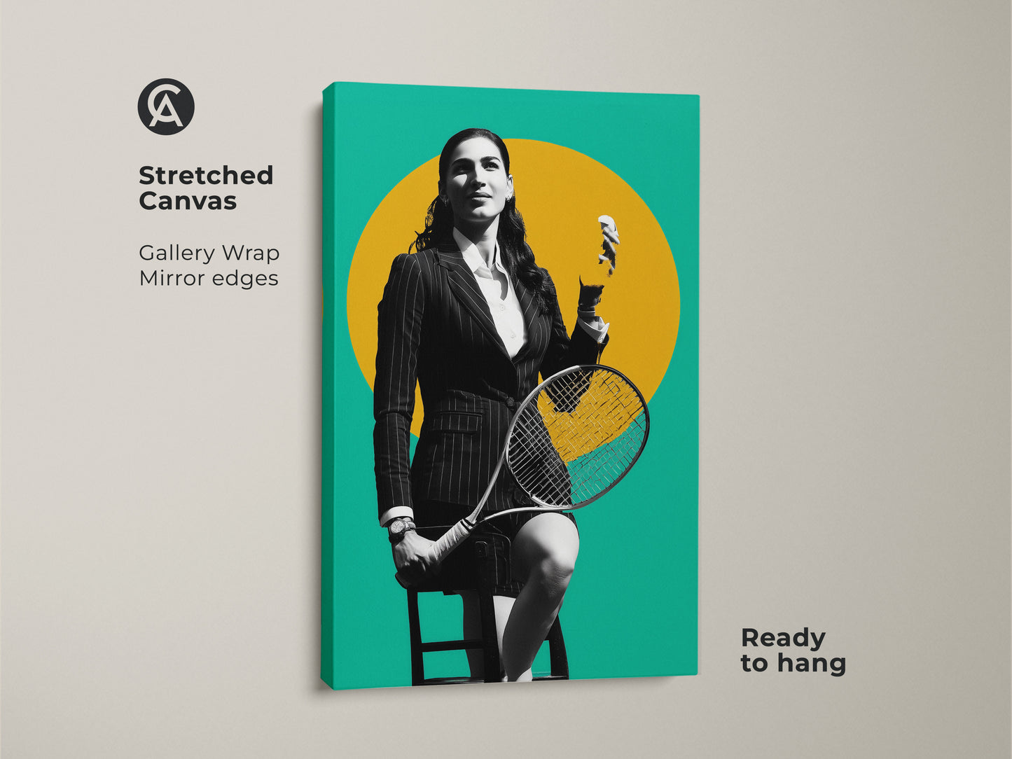 Stretched canvas art featuring a tennis player in a modern graphic style. The artwork uses a striking yellow teal and black color palette. A perfect gift for tennis fans and a unique addition to any office space. Ready to hang with gallery wrapped edges this artwork is a statement piece.