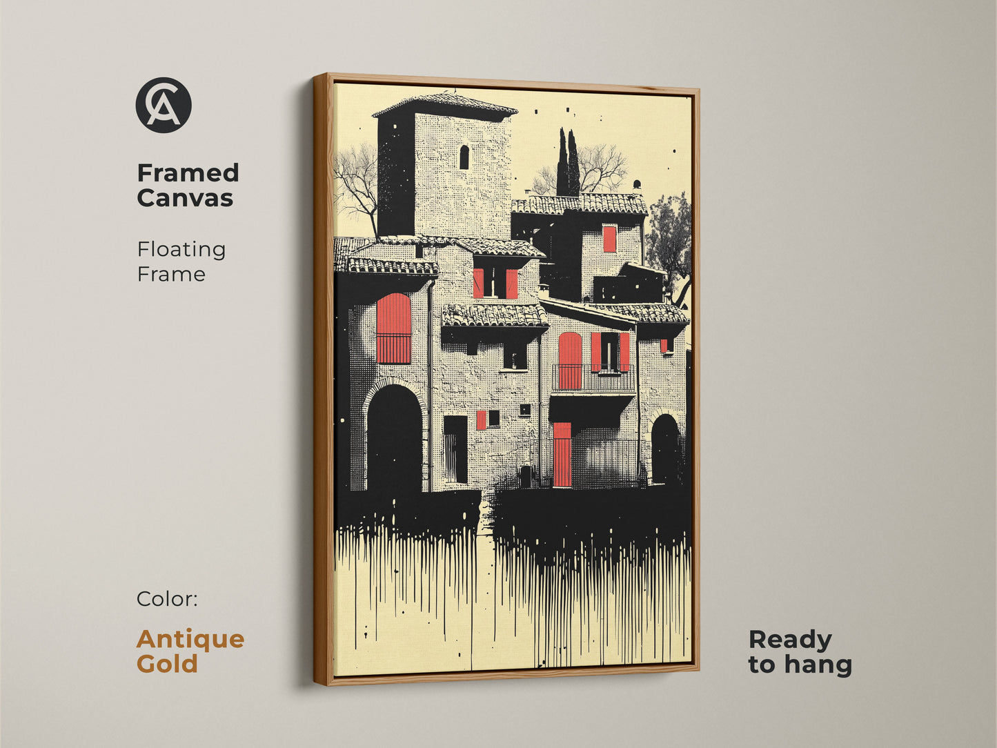 Framed canvas art featuring a Tuscan village scene in cream red black tones. The floating frame is antique gold. Displaying Italian architecture this ready to hang print is an ideal housewarming or travel lover gift to enhance any room.