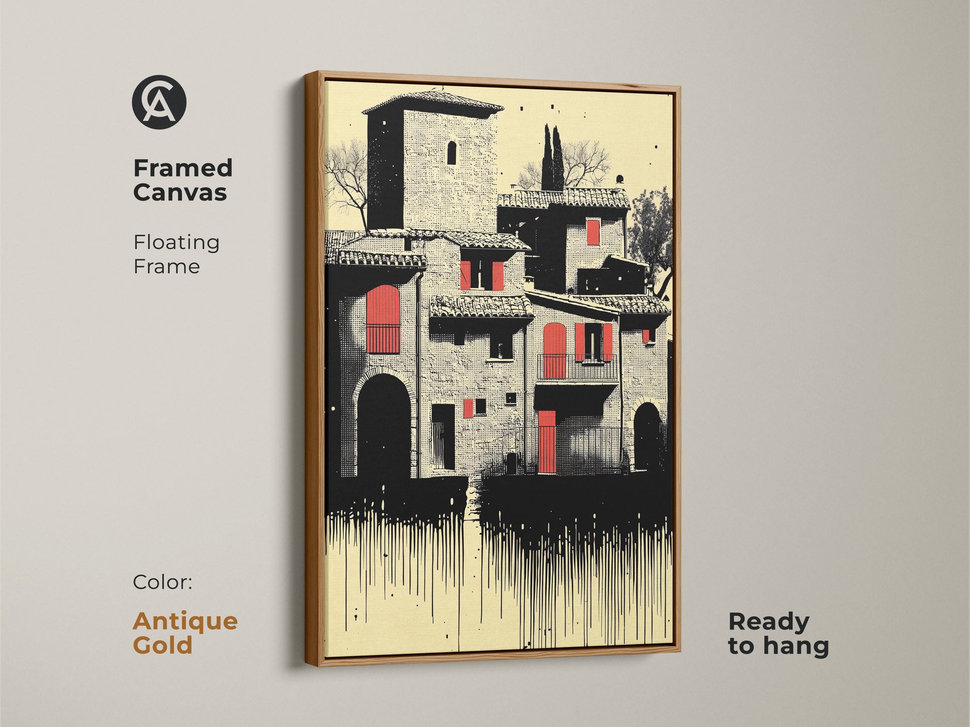 Framed canvas art featuring a Tuscan village scene in cream red black tones. The floating frame is antique gold. Displaying Italian architecture this ready to hang print is an ideal housewarming or travel lover gift to enhance any room.