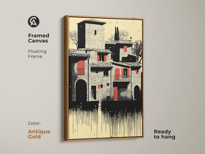 Framed canvas art featuring a Tuscan village scene in cream red black tones. The floating frame is antique gold. Displaying Italian architecture this ready to hang print is an ideal housewarming or travel lover gift to enhance any room.