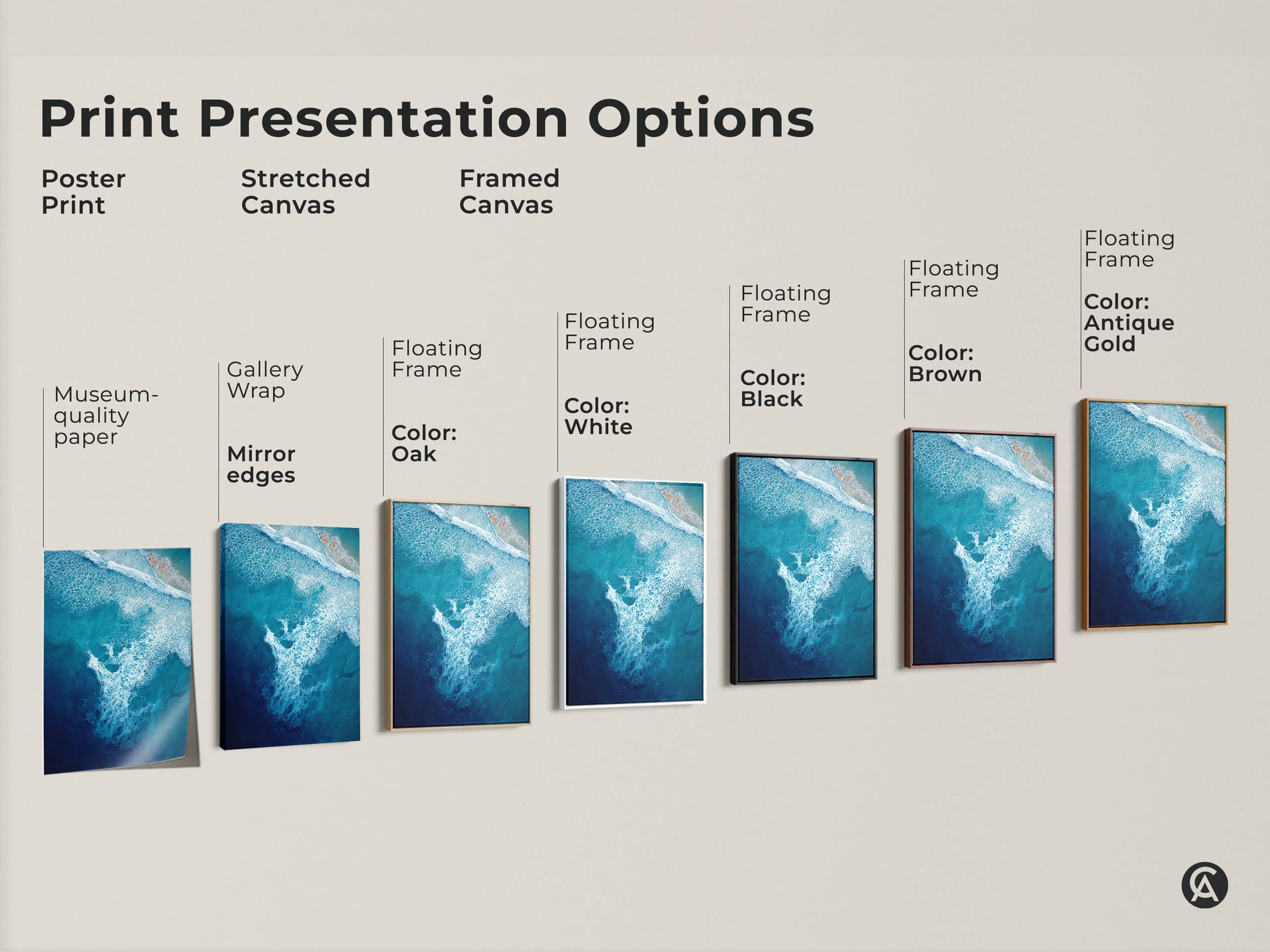 Explore various print presentation options for deep blue ocean wave art. Choose from poster prints stretched canvas or framed canvas. With gallery wrap museum quality paper and floating frames. Select black brown oak antique gold or white frames. Find the perfect coastal wall art decor for your space.