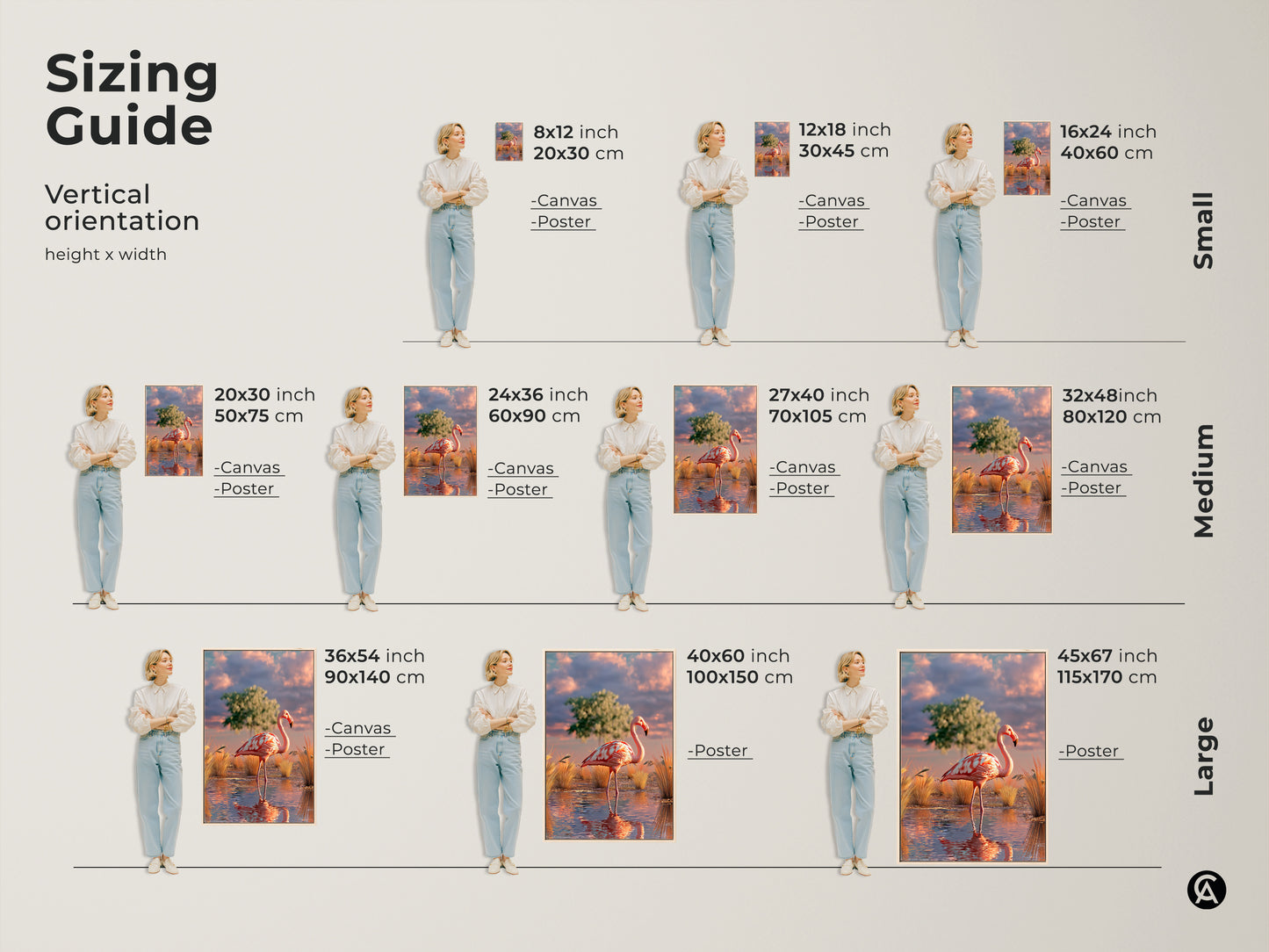 Sizing guide for vertical flamingo artwork. Visualize canvas and poster prints in various sizes. Ranging from small to large. Perfect for planning your wall art. Choose the ideal bird lover gift to complement your space with pink teal and orange hues.