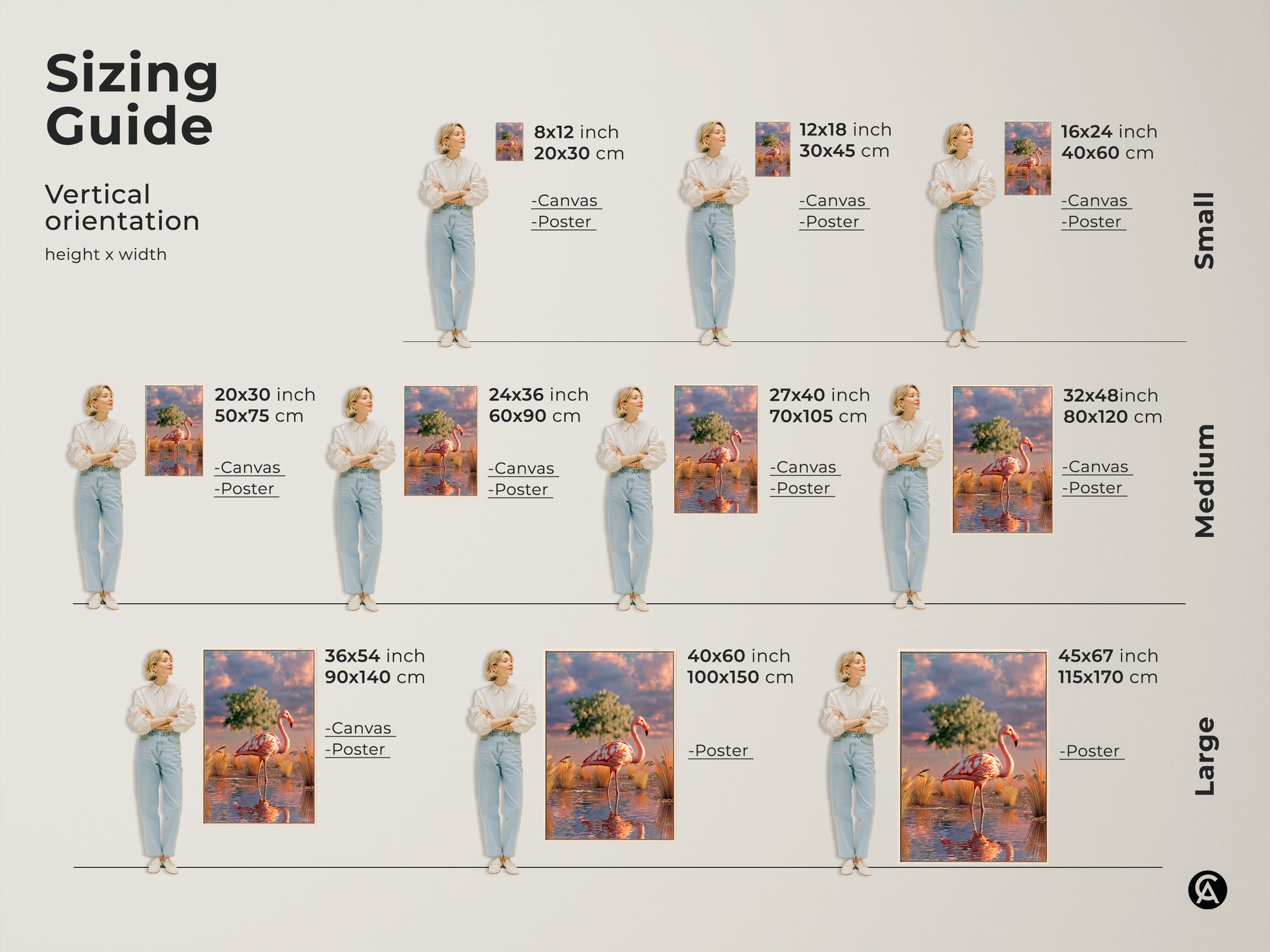 Sizing guide for vertical flamingo artwork. Visualize canvas and poster prints in various sizes. Ranging from small to large. Perfect for planning your wall art. Choose the ideal bird lover gift to complement your space with pink teal and orange hues.