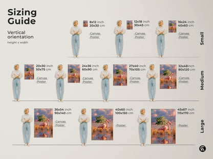 Sizing guide for vertical flamingo artwork. Visualize canvas and poster prints in various sizes. Ranging from small to large. Perfect for planning your wall art. Choose the ideal bird lover gift to complement your space with pink teal and orange hues.