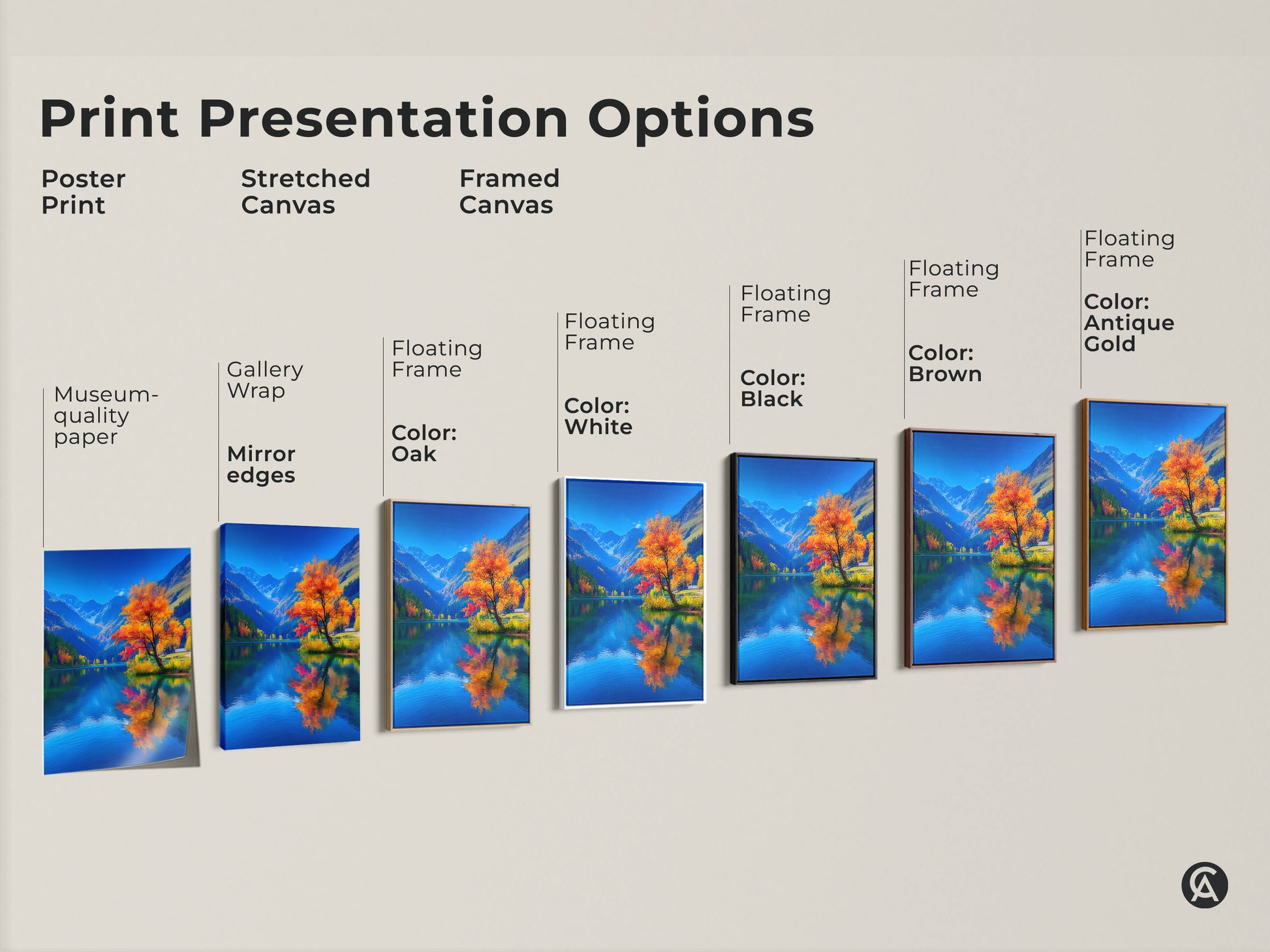 Explore print presentation options from posters to framed canvases. Choose museum-quality paper stretched canvas or floating frames. Find the perfect style to showcase your favorite artwork. Different sizes and styles are available.