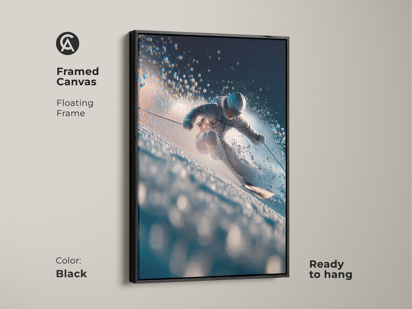 Framed canvas art displaying a skier in motion on a snowy day. Black floating frame enhances the artwork. Ready to hang and admire. Ideal for adding a sporty touch to your walls.