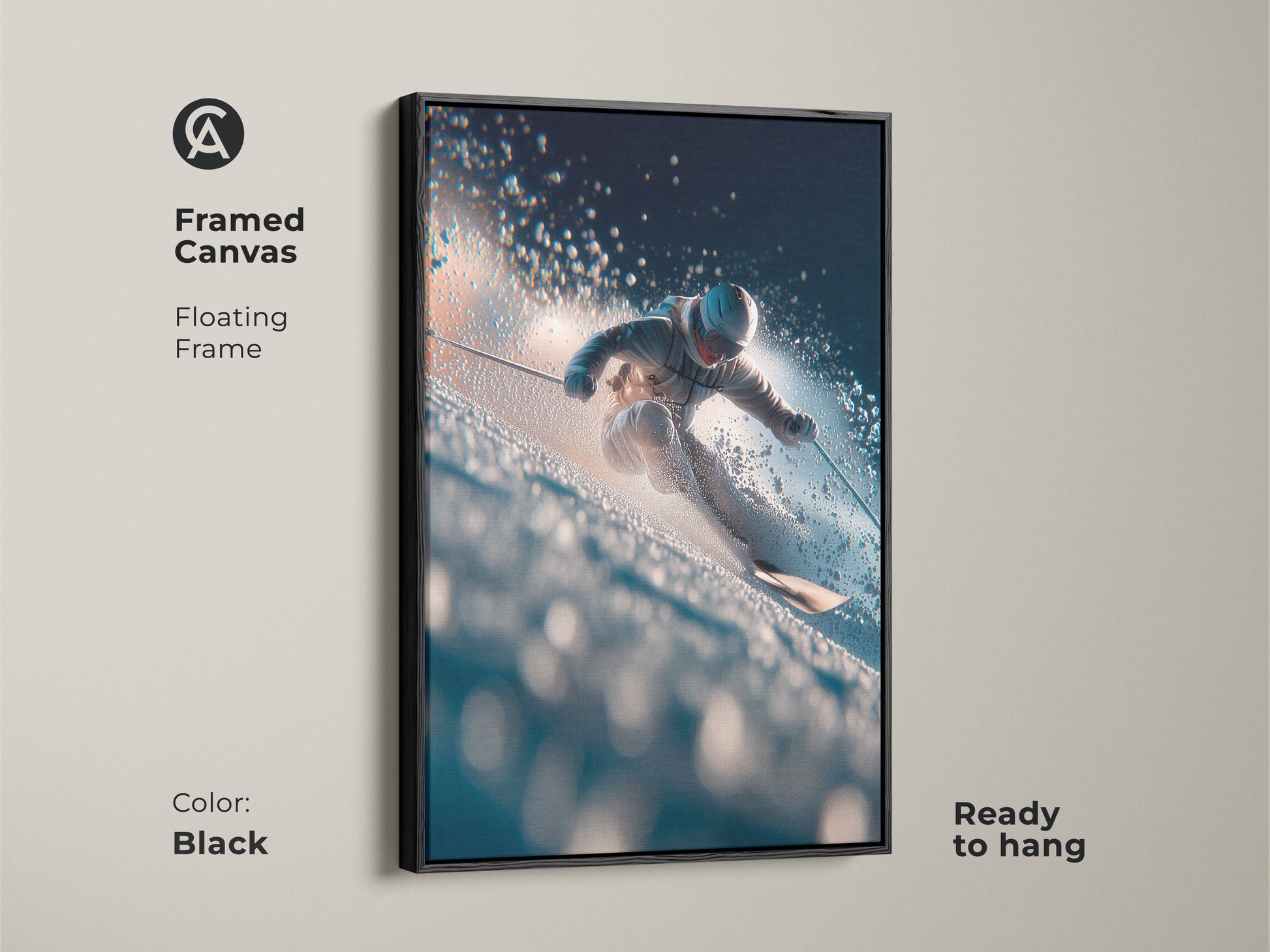 Framed canvas art displaying a skier in motion on a snowy day. Black floating frame enhances the artwork. Ready to hang and admire. Ideal for adding a sporty touch to your walls.
