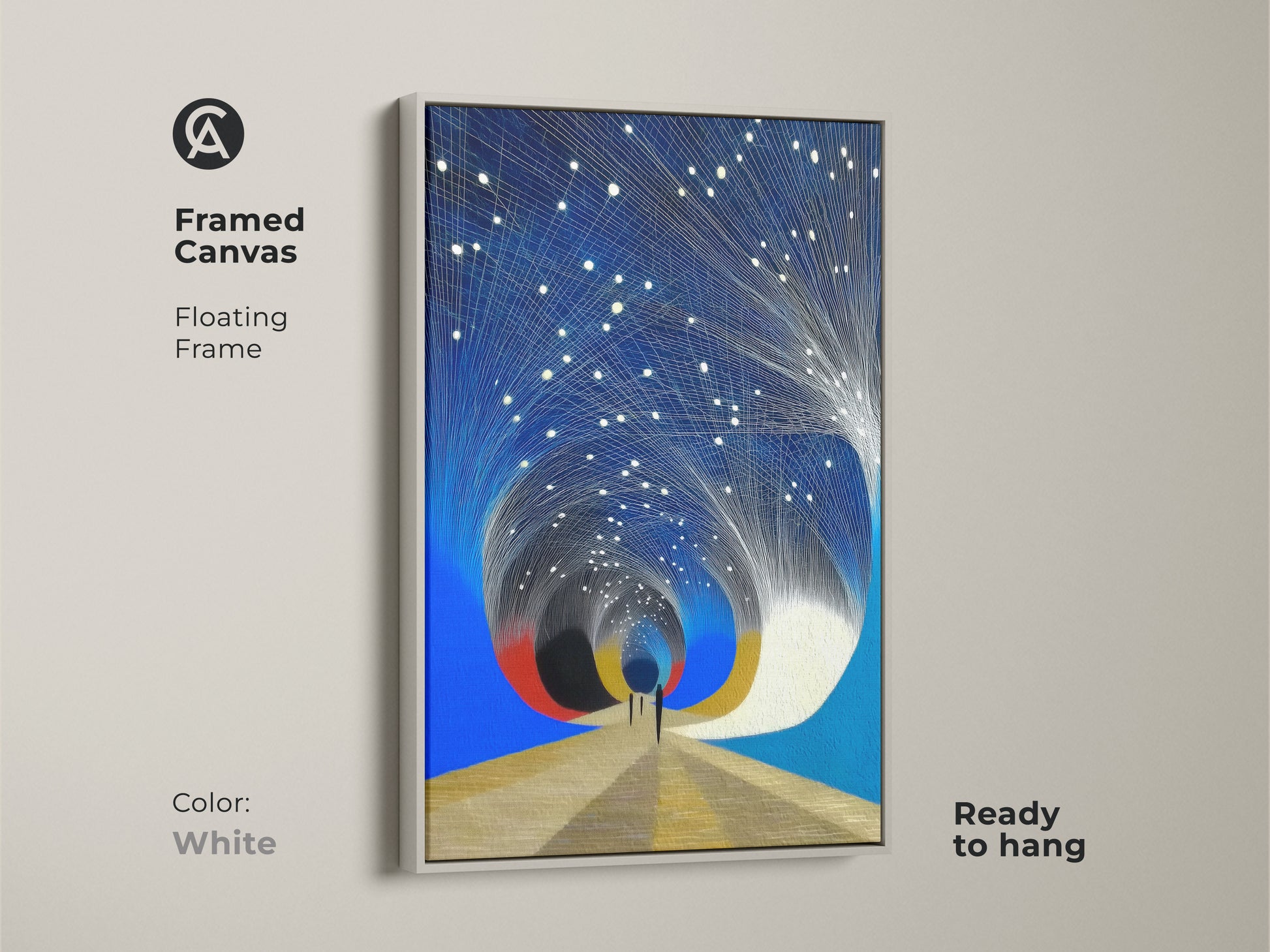 A white framed canvas featuring a blue gold space tunnel artwork. This modern celestial bedroom decor is ready to hang. This framed wall art blends seamlessly with any interior.