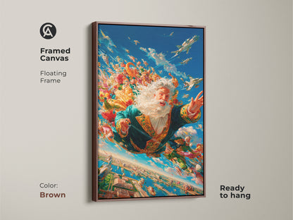 Framed canvas art print of Santa Claus skydiving. The artwork shows Santa soaring above a cityscape with airplanes. He is surrounded by colorful flowers. The floating frame is brown and the canvas is ready to hang.