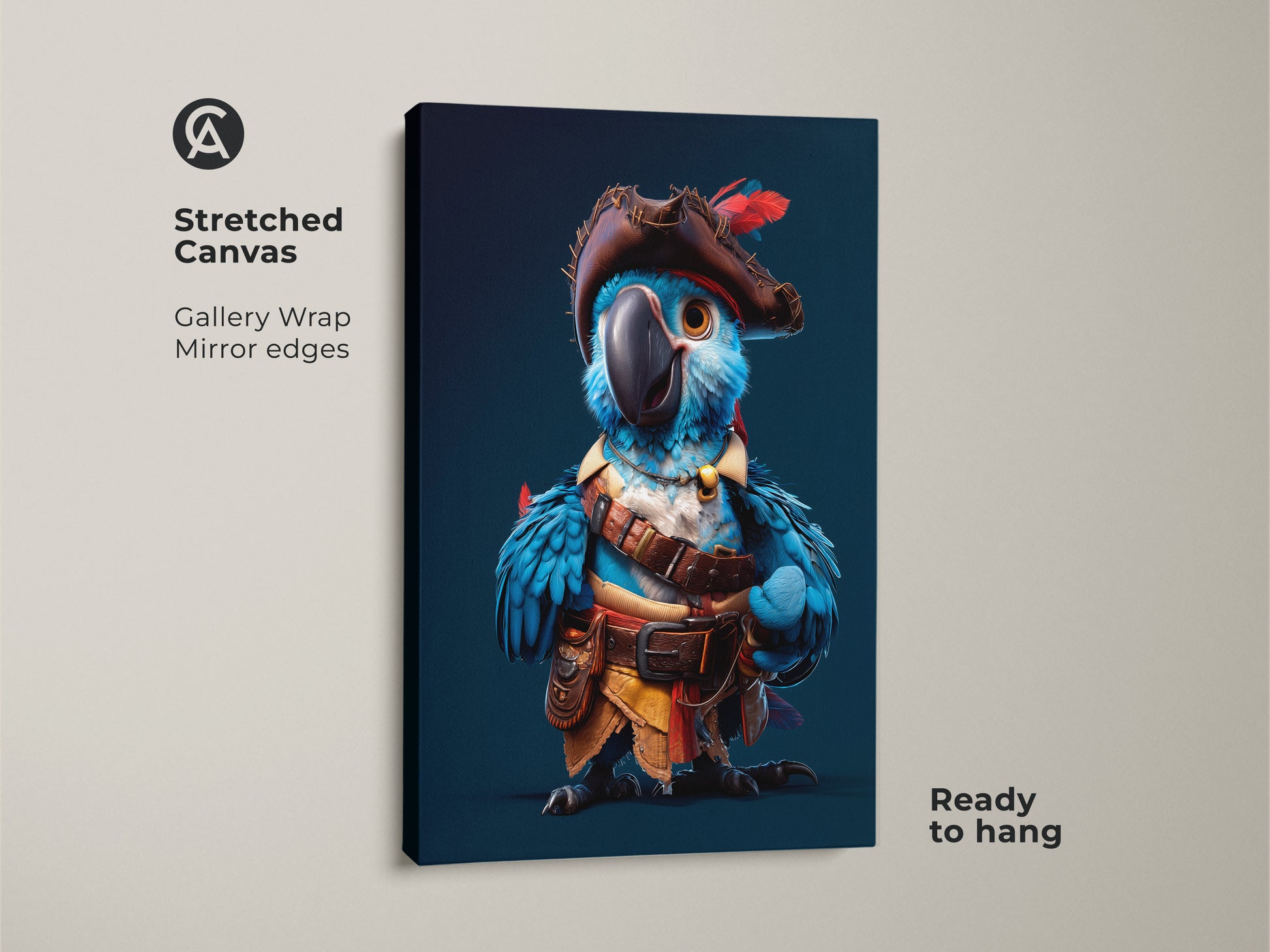 Stretched canvas art of a cartoon blue macaw pirate parrot. Gallery wrapped with mirrored edges this animal artwork is ready to hang. A fun and adventurous piece for a child's room.