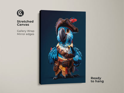 Stretched canvas art of a cartoon blue macaw pirate parrot. Gallery wrapped with mirrored edges this animal artwork is ready to hang. A fun and adventurous piece for a child's room.