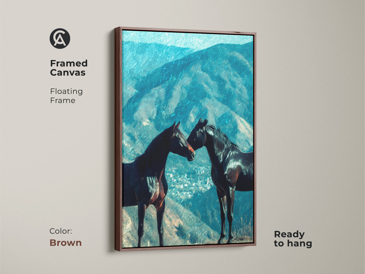 The brown framed horse artwork complements rustic and earthy tones. This equine landscape decor is set in a floating frame and ready to display. The dark horse print enhances your home office mountain view. This nature inspired wall art makes a thoughtful housewarming horse gift.