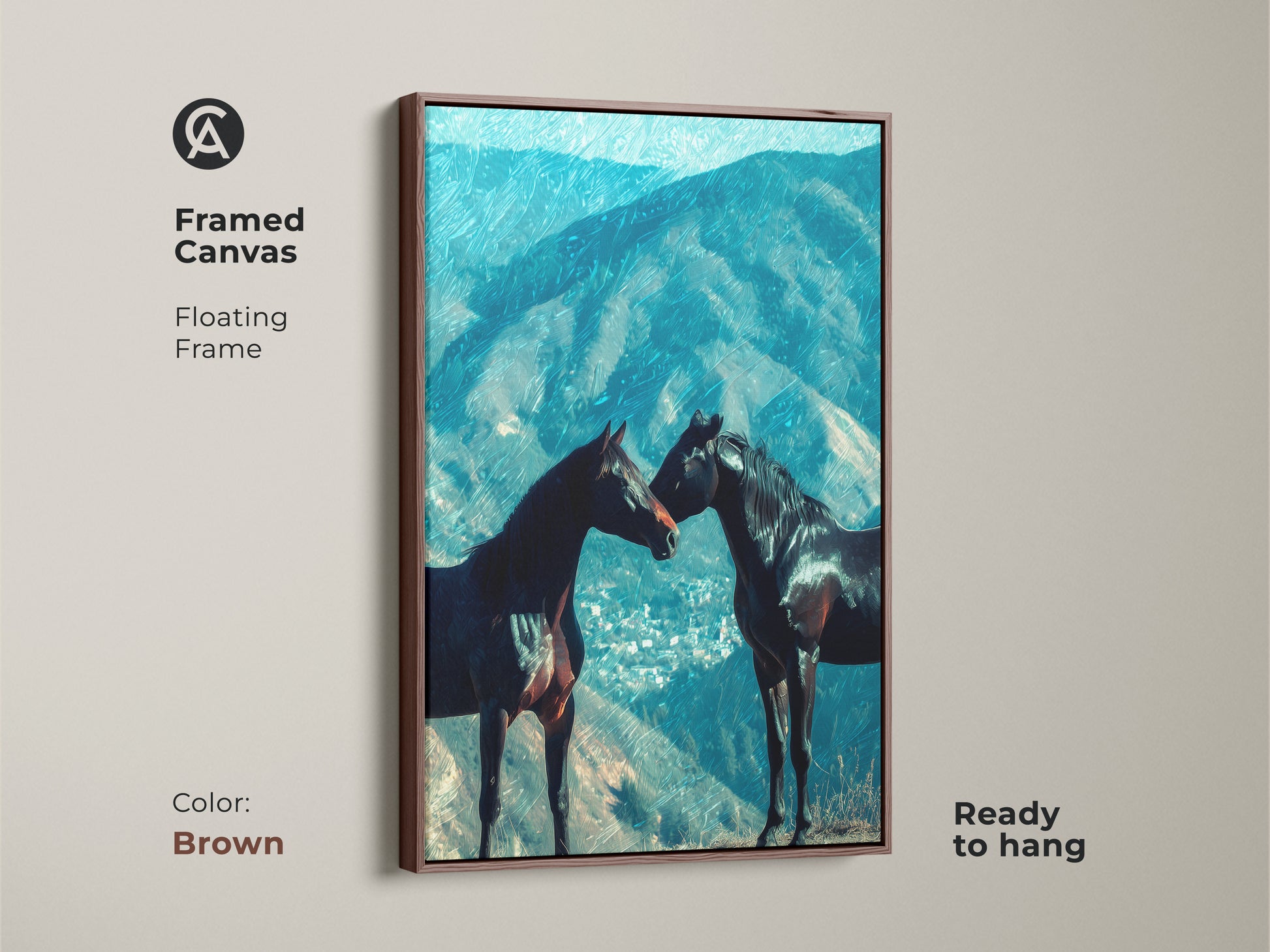 The brown framed horse artwork complements rustic and earthy tones. This equine landscape decor is set in a floating frame and ready to display. The dark horse print enhances your home office mountain view. This nature inspired wall art makes a thoughtful housewarming horse gift.