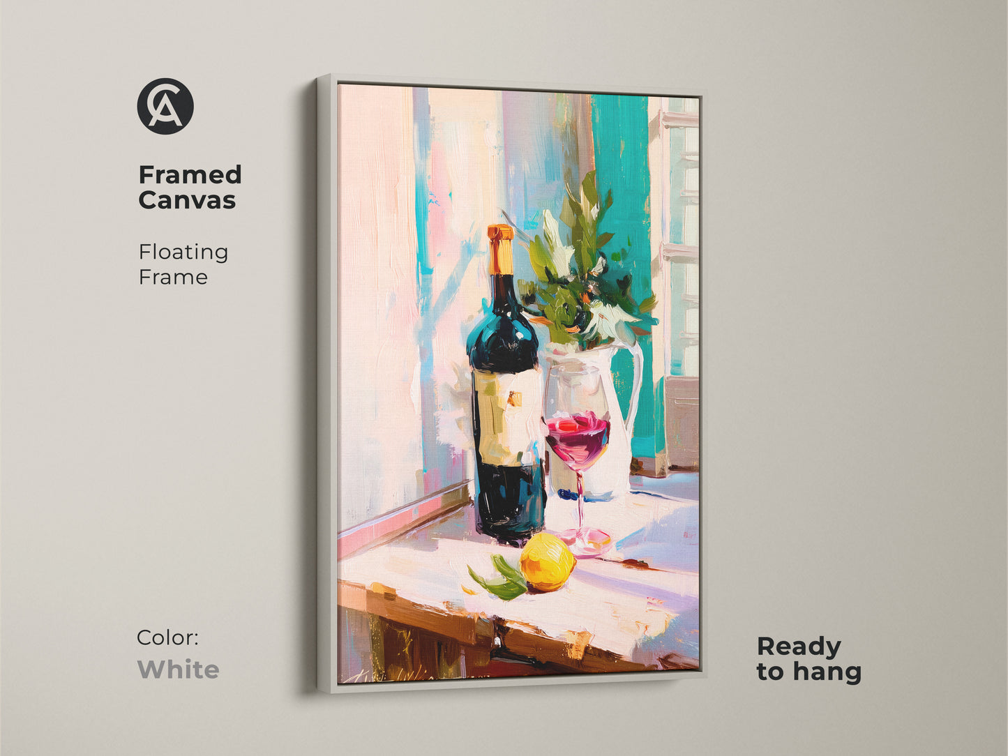 A framed canvas features impressionist wine art with a white floating frame. The red wine glass print is ready to hang. This kitchen wall art decor showcases a contemporary still life of a painterly wine bottle. This piece is a thoughtful housewarming gift art. This artwork is perfect for food and drink artwork enthusiasts.