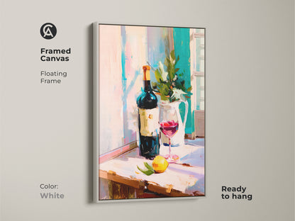 A framed canvas features impressionist wine art with a white floating frame. The red wine glass print is ready to hang. This kitchen wall art decor showcases a contemporary still life of a painterly wine bottle. This piece is a thoughtful housewarming gift art. This artwork is perfect for food and drink artwork enthusiasts.
