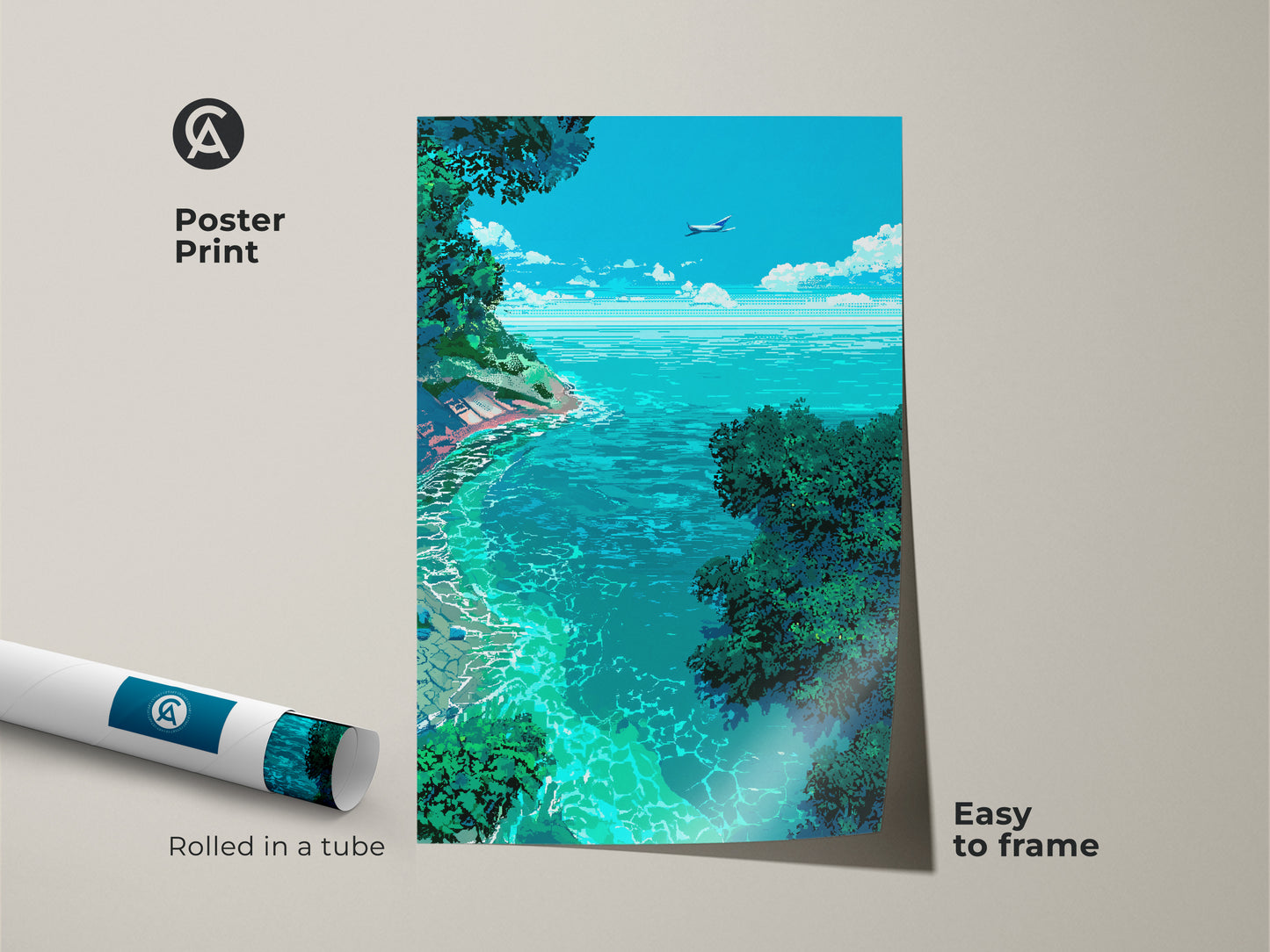 Poster print of a pixel art tropical ocean. This unique wall decor features a picturesque beach with turquoise water and lush trees. The sky is clear with a plane flying above. Easy to frame for versatile display options.