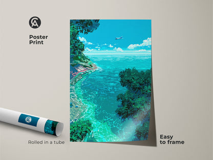 Poster print of a pixel art tropical ocean. This unique wall decor features a picturesque beach with turquoise water and lush trees. The sky is clear with a plane flying above. Easy to frame for versatile display options.