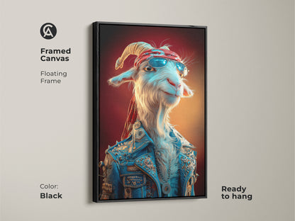 Framed canvas featuring a goat rockstar in a blue denim jacket. This piece is a fun gift for him or her. The floating frame enhances the pop surrealism artwork. This eclectic home decor is ready to hang. A unique animal print for a den or office.