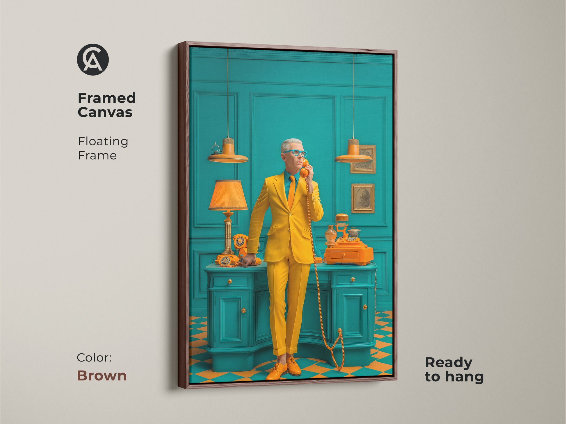 Framed canvas with a floating brown frame. The artwork shows a man in a yellow suit in a teal room. The frame enhances the art's retro charm. This ready-to-hang piece is perfect for adding art to any space. Explore our art selection today