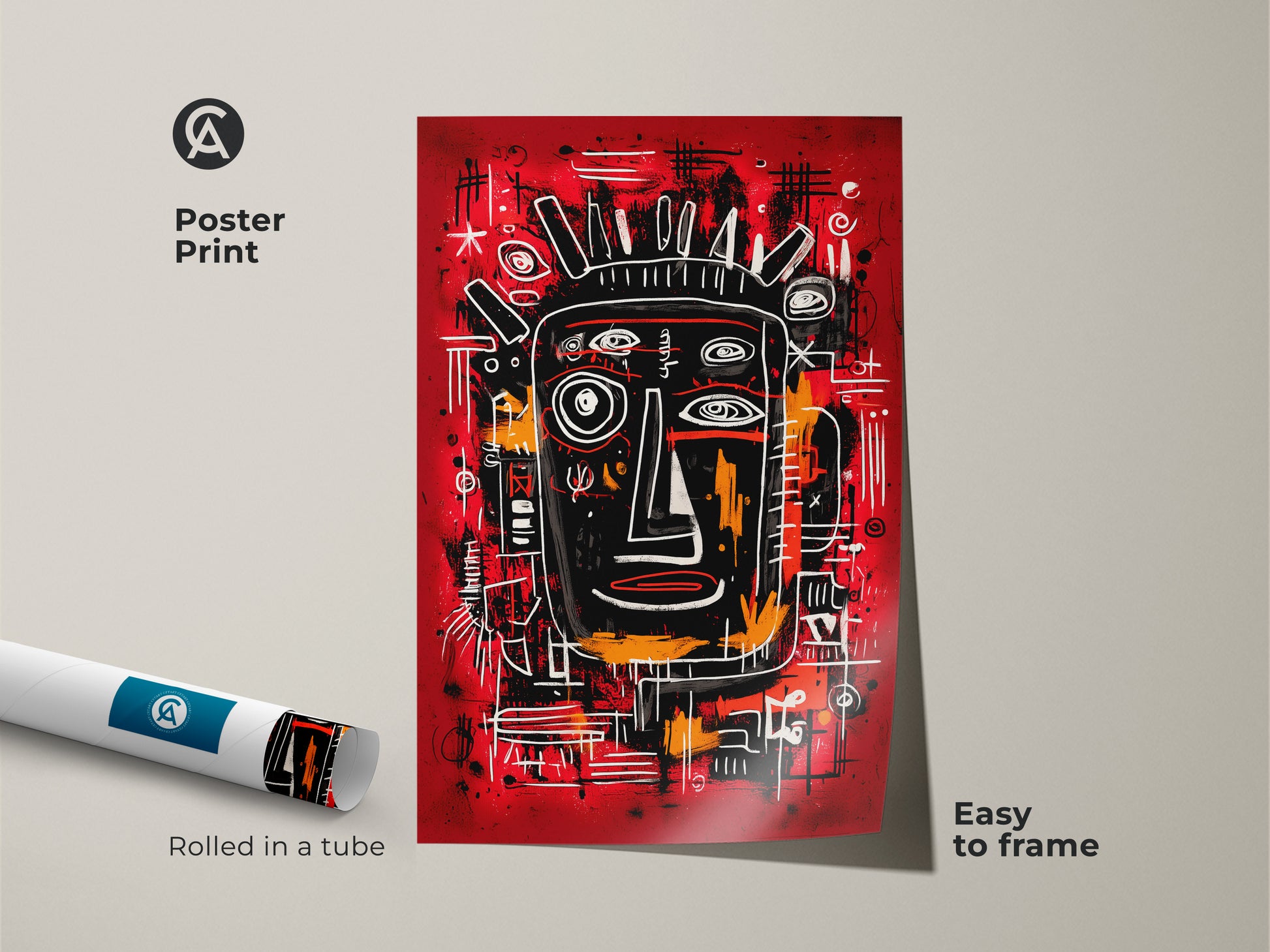 Abstract face art poster print. The print is rolled in a tube for easy framing. This museum-quality paper ensures a vivid and lasting image. Perfect for modern art lovers seeking easy decor solutions.