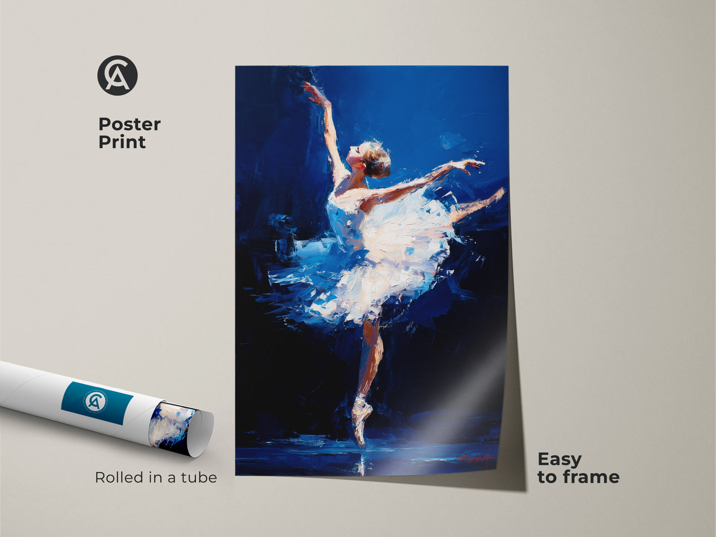 Poster print of a ballerina art piece. This museum-quality paper print arrives rolled in a tube for easy framing. The artwork shows a dancer in a beautiful pose against a dark blue backdrop. This poster is perfect for dance studios or home decor. It adds elegance to any space.